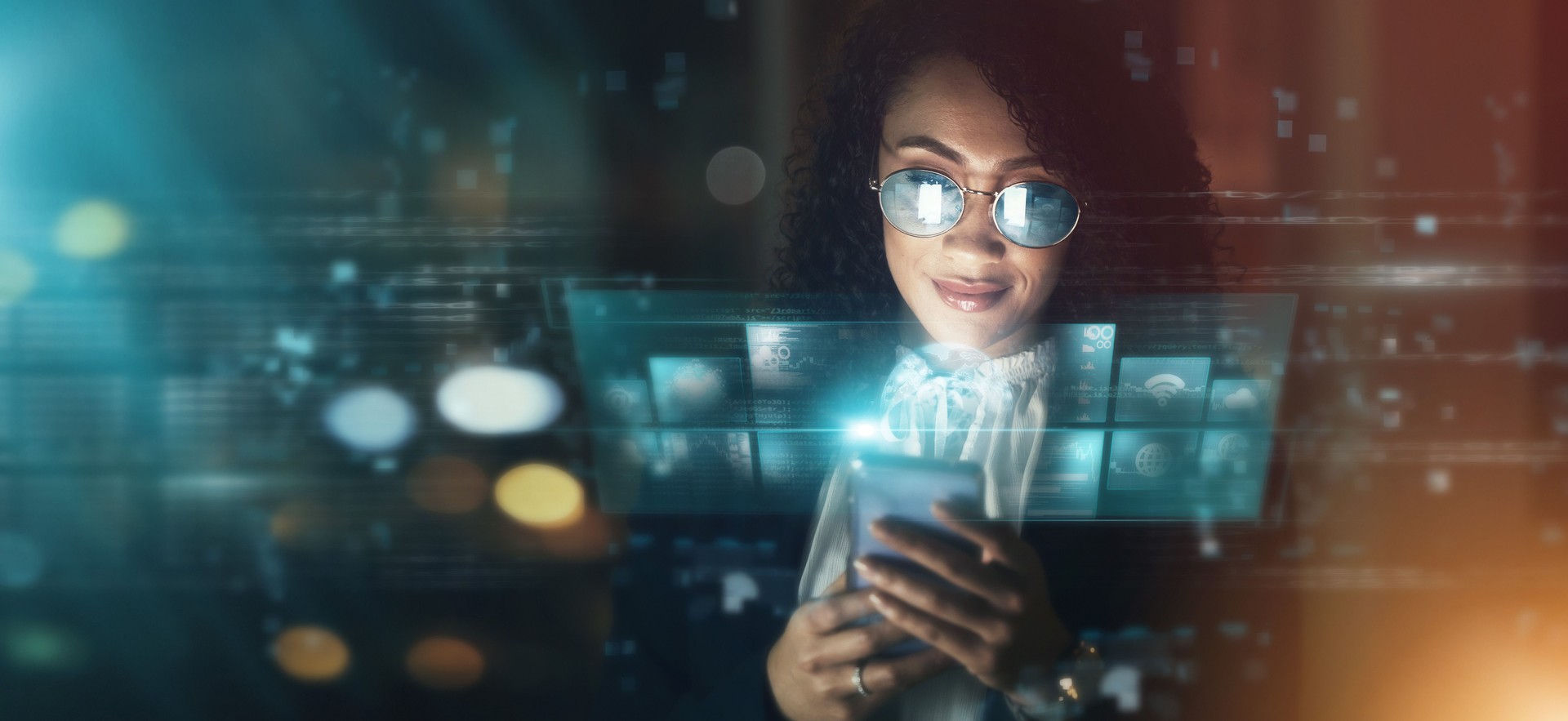 Futuristic, AI and business woman, smartphone and connectivity, cyber data overlay and technology innovation. Digital transformation, mockup space and tech analytics, dashboard and internet hologram