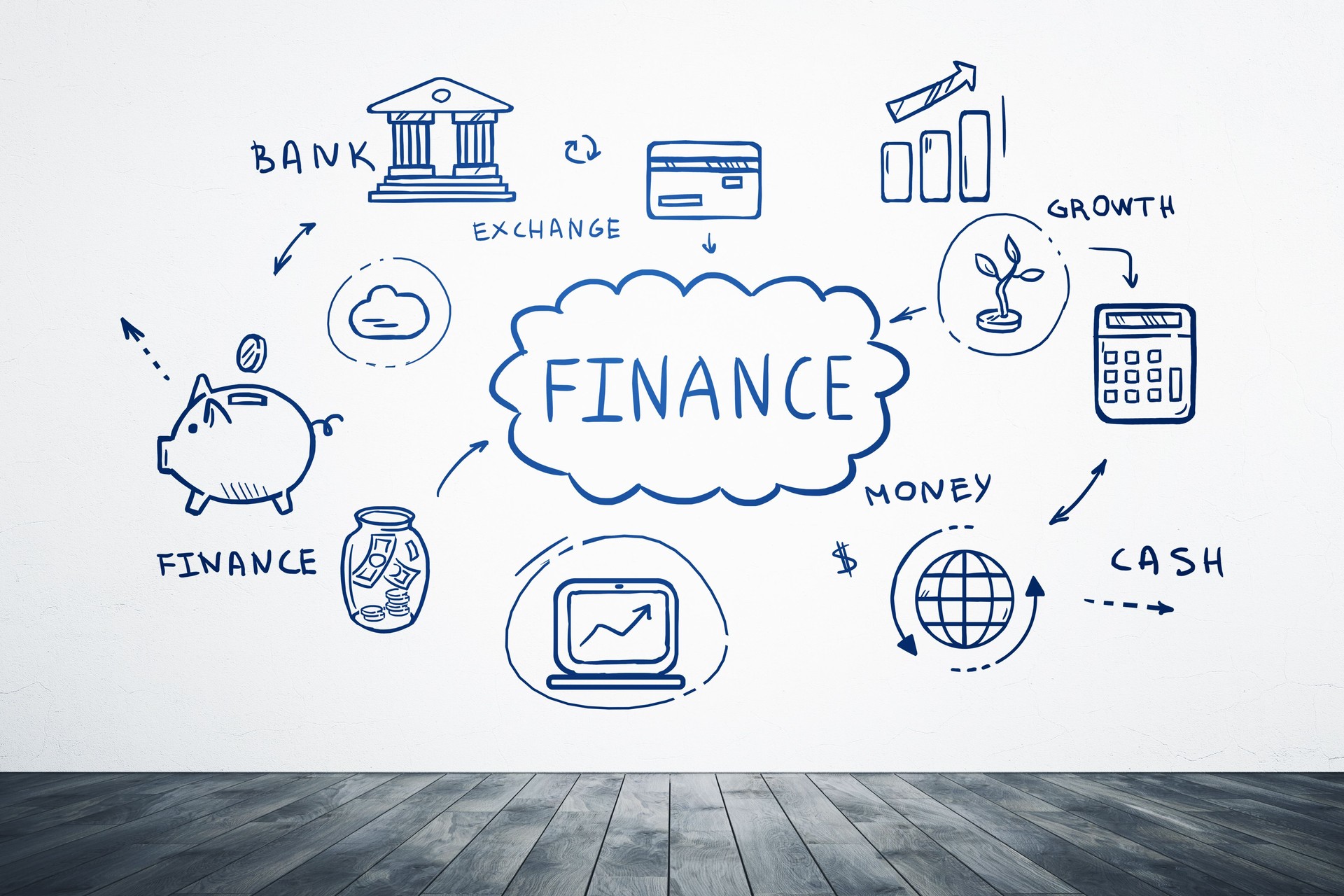 Hand drawn financial sketch on white wall with wooden floor