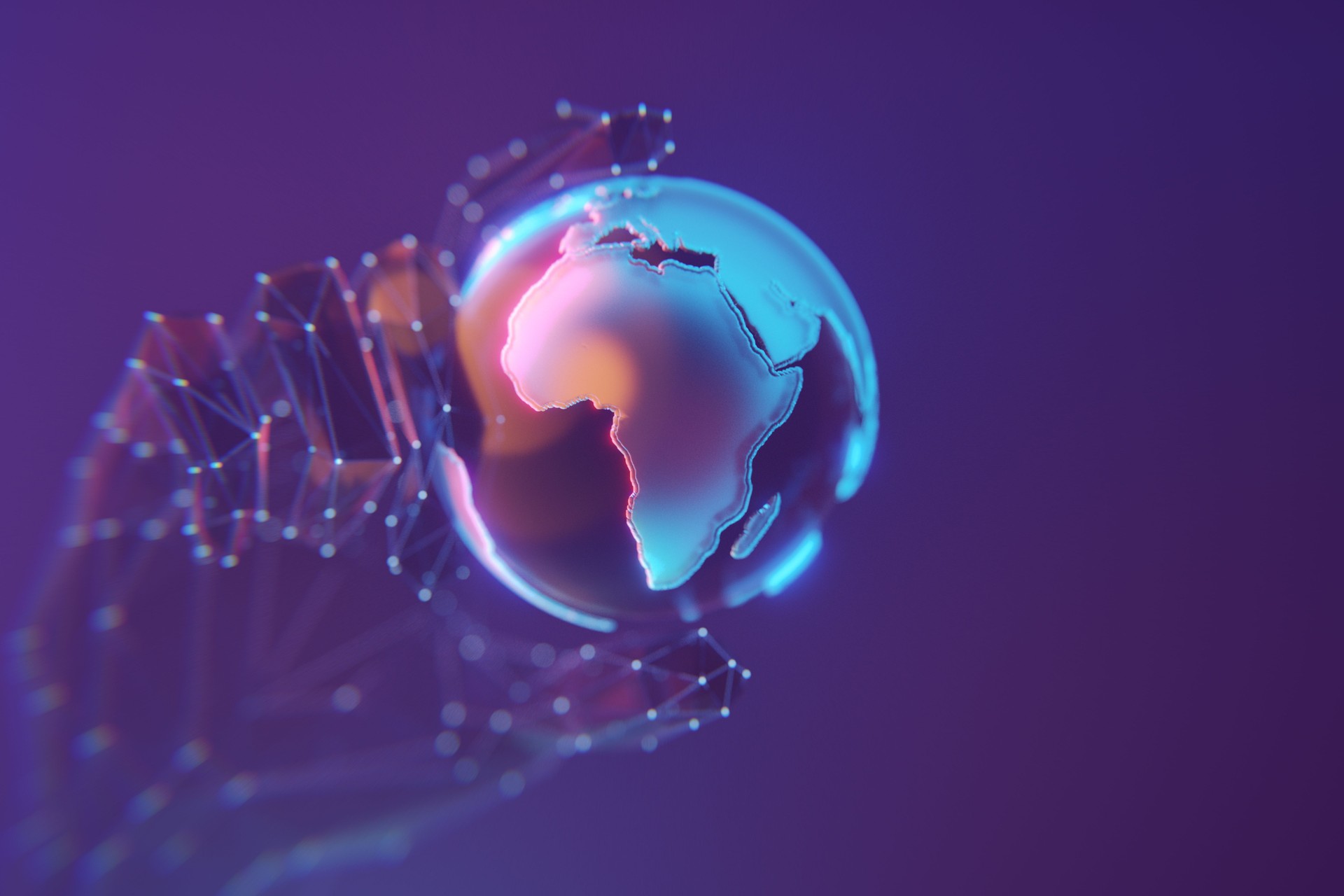 Globe 3d icon with Africa and Eurasia continents on front over the abstract on the abstract human hand made with atom array and plexus effect
